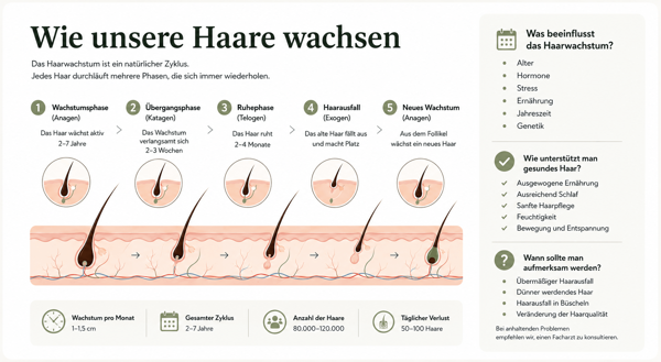 Detaillierte Infografik zum Haarwachstumszyklus 'Wie unser Haar wächst' mit Tipps und Statistiken. Detaillierte pädagogische Infografik mit der Hauptüberschrift 'Wie unser Haar wächst', die den fünfphasigen Zyklus des Haarwachstums visualisiert, ergänzt durch umfassende Statistiken und Ratschläge. Die zentrale Grafik eines Hautquerschnitts zeigt Haarfollikel in fünf Wachstumsphasen: Wachstumsphase (Anagen): Das Haar wächst aktiv, Dauer 2–7 Jahre. Übergangsphase (Katagen): Das Wachstum verlangsamt sich, das Haar trennt sich von der Zwiebel, Dauer 2–3 Wochen. Ruhephase (Telogen): Das Haar ruht, die Zwiebel ist verkleinert, Dauer 2–4 Monate. Ausfallen (Exogen): Das alte Haar fällt aus und macht Platz für ein neues. Neues Wachstum (Anagen): Ein neues Haar beginnt aus dem Follikel zu wachsen. Die untere Leiste fasst Schlüsselstatistiken zusammen: durchschnittliches Wachstum pro Monat (1–1,5 cm), Gesamtzyklus (2–7 Jahre), Anzahl der Haare auf dem Kopf (80.000–120.000) und durchschnittlicher täglicher Verlust (50–100 Haare). Das rechte Panel enthält drei pädagogische Abschnitte: Warum ändert sich die Haarmenge?: Liste der Faktoren (Alter, Hormone, Stress, Ernährung, Jahreszeit, Genetik). Wie kann man gesundes Haar unterstützen?: Tipps zur Pflege (ausgewogene Ernährung, ausreichend Schlaf, schonende Pflege, Feuchtigkeit, Bewegung und Entspannung). Wann sollte man aufmerksam werden?: Warnsignale für die Konsultation eines Experten (übermäßiger Haarausfall, Ausdünnung oder Geheimratsecken, Veränderung der Haarqualität)